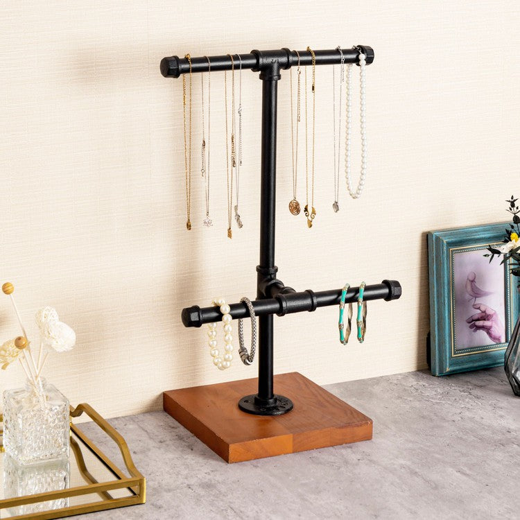 2-Tier Metal Industrial Black Pipe T-Bar Jewelry Display Rack and Necklace Hanger with Wood Base-MyGift