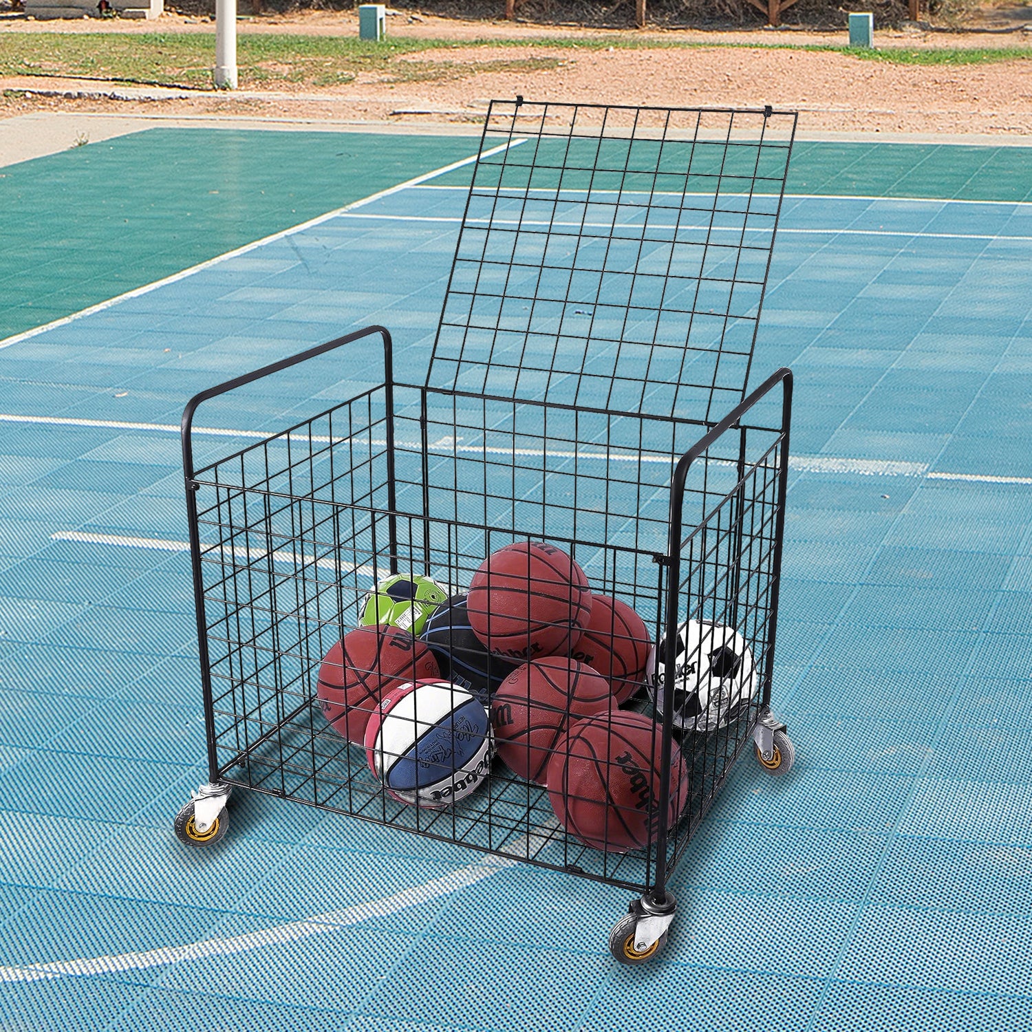 Black Metal Rolling Multi Sports Ball Storage Hopper & Basketball, Football, Soccer Equipment Cart