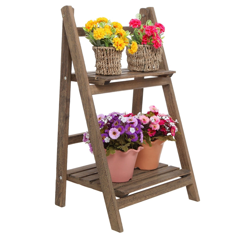 Rustic Brown Wood 2-Tier Freestanding Foldable Shelf Rack or Decorative Plant Pot Display Stand-MyGift