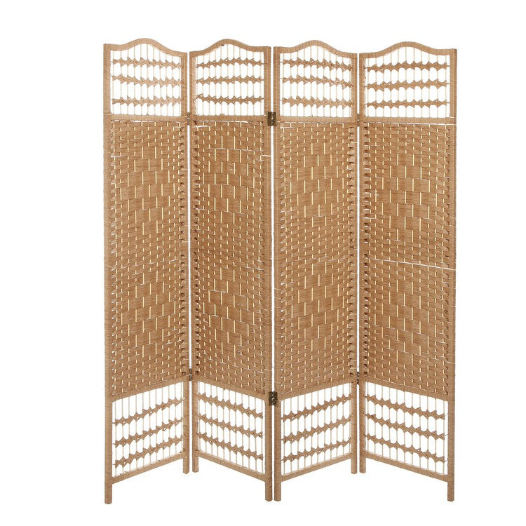 4 Panel Beige Wood Woven Design Decorative Partition Folding Screen, Privacy Room Divider-MyGift