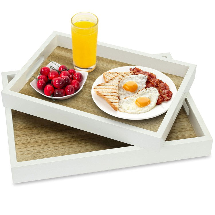 Brown and White Wood Nesting Serving Tray with Cutout Handles, Set of 2-MyGift