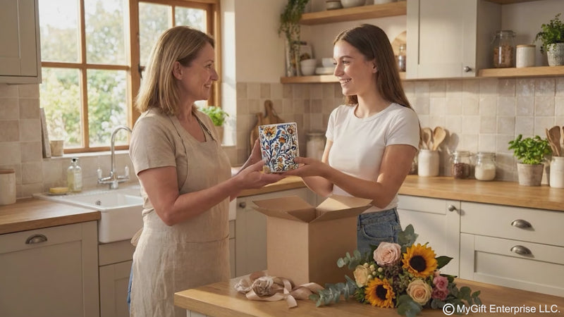 mother and daughter opening package. They are receiving a vase with spring floral print. The video links to new arrivals collection.