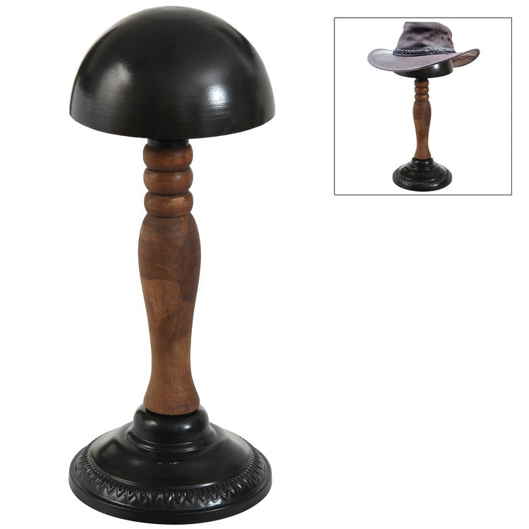 Dome Shaped Black Metal and Brown Wood Stem Hat Rack, Wig Holder Display Stand-MyGift