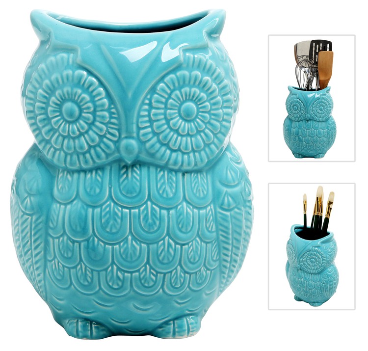 Aqua Blue Ceramic Owl Cooking Utensil Holder or Storage Crock-MyGift