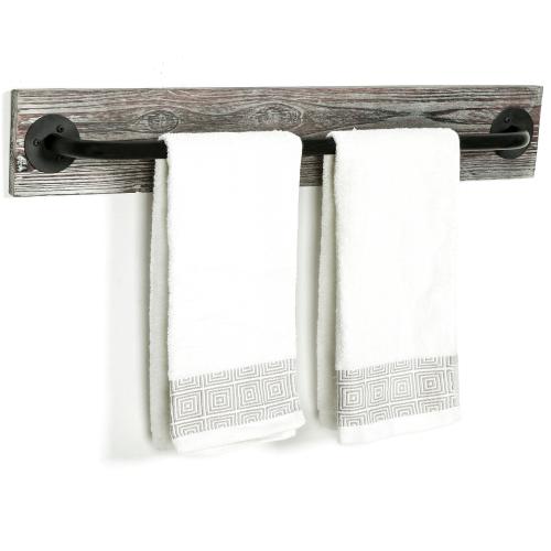 Torched Wood & Black Metal Industrial Pipe Towel Bar-MyGift