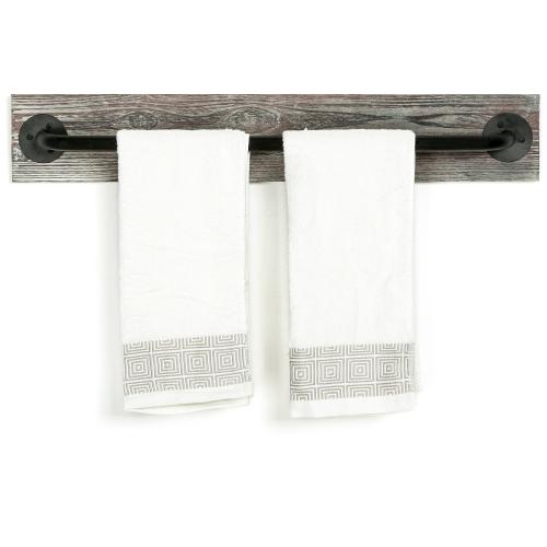 Torched Wood & Black Metal Industrial Pipe Towel Bar-MyGift