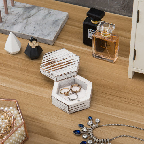 Hexagonal Antique Whitewash Wood Ring & Trinket Box-MyGift
