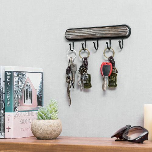 Wall Mounted Torched Wood & Black Metal Key Rack - MyGift