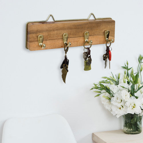 Brass Metal & Solid Mango Wood Key Rack-MyGift