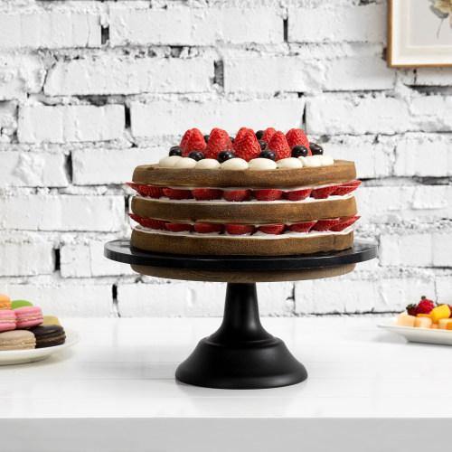 10-inch Brown Wooden Cake Stand with Black Base - MyGift