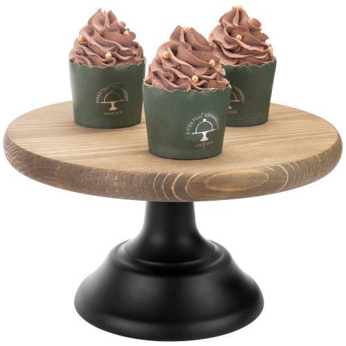 10-inch Brown Wooden Cake Stand with Black Base - MyGift
