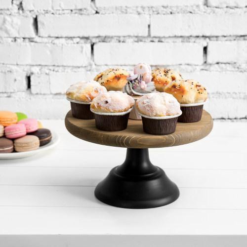 10-inch Brown Wooden Cake Stand with Black Base - MyGift