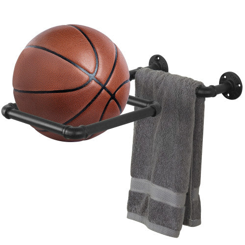 Wall-Mounted Black Industrial Pipe Ball Storage Rack-MyGift