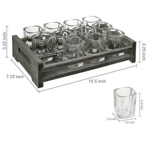 12 Shot Glass Party Server with Vintage Gray Wood Tray - MyGift