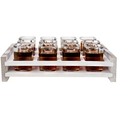 12 Shot Party Server with Whitewashed Wood Serving Tray - MyGift