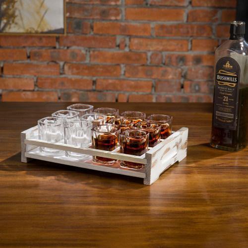 12 Shot Party Server with Whitewashed Wood Serving Tray - MyGift
