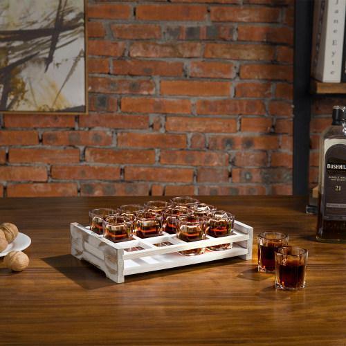 12 Shot Party Server with Whitewashed Wood Serving Tray - MyGift