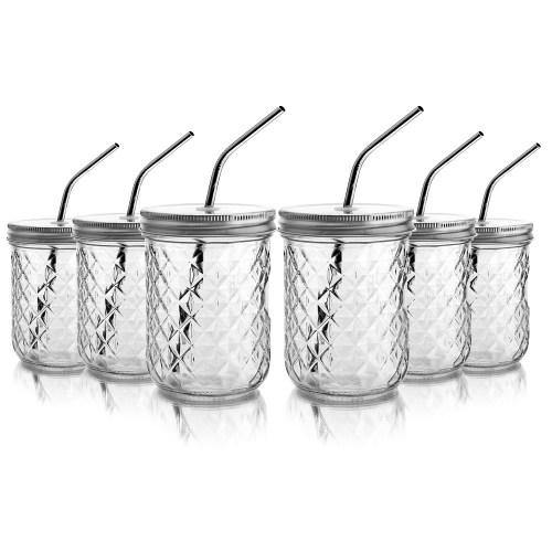 14 oz Mason Jar Glasses with Lids & Stainless Steel Straws, Set of 6 - MyGift