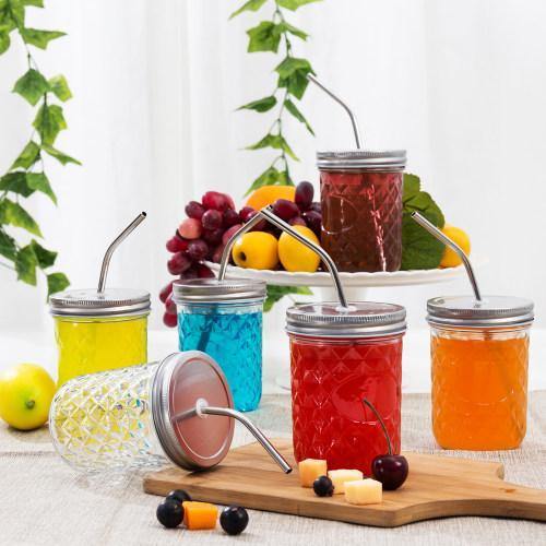 14 oz Mason Jar Glasses with Lids & Stainless Steel Straws, Set of 6 - MyGift