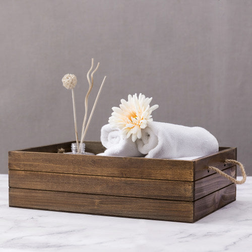 Rustic Brown Wood Storage Crate w/ Rope Handles-MyGift
