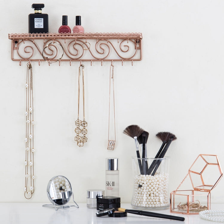 Rose Gold Metal Jewelry Rack with 25 Hooks for Hanging Necklaces, Wall  Mounted Scrollwork Cosmetics Shelf