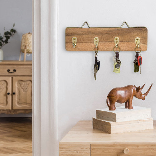 Brass Metal & Solid Mango Wood Key Rack-MyGift