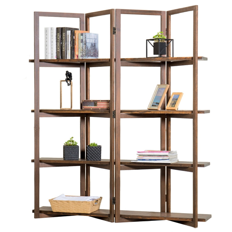 Modern Dark Brown Wood 4-Panel Open Bookcase Room Divider-MyGift