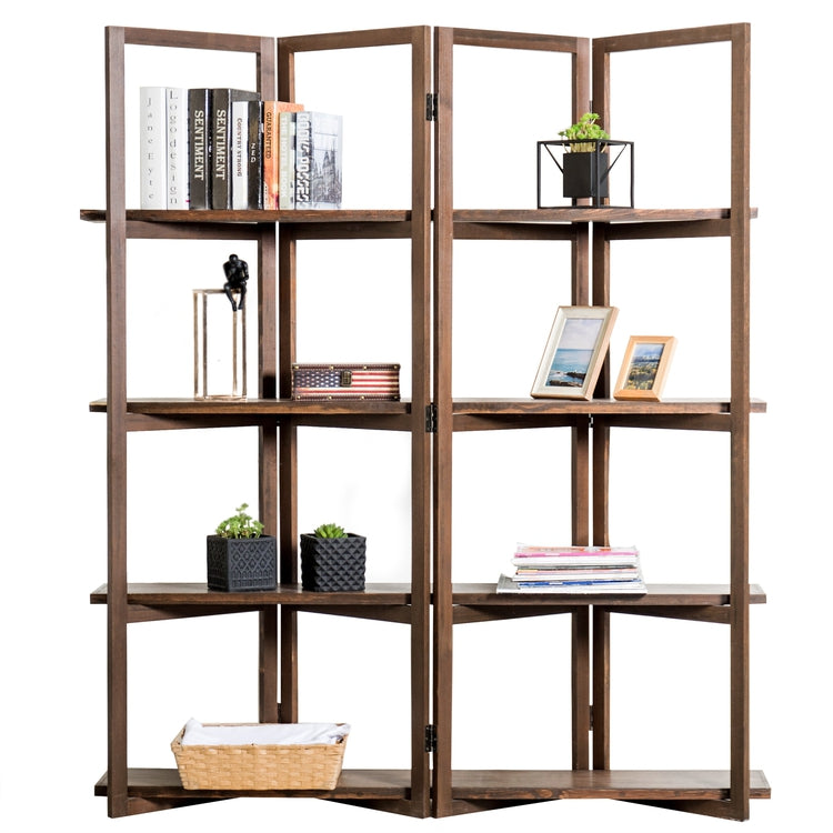 Modern Dark Brown Wood 4-Panel Open Bookcase Room Divider-MyGift