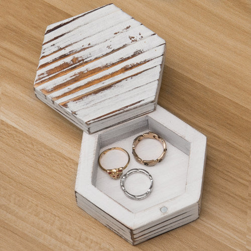 Hexagonal Antique Whitewash Wood Ring & Trinket Box-MyGift