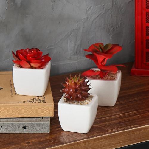 Miniature Red Artificial Succulent in Ceramic Pots, Set of 3 - MyGift