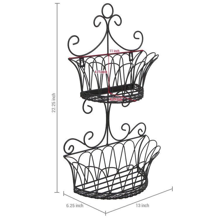 Black 2 Tier Decorative Wall Mounted Metal Storage Baskets with Scrollwork Design-MyGift