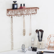 Rose Gold Metal Jewelry Rack with 25 Hooks, Wall Mounted Scrollwork Cosmetics Shelf-MyGift