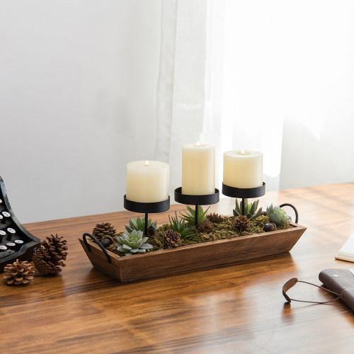 3-Pillar Candle Holder with Rustic Wood Tray - MyGift