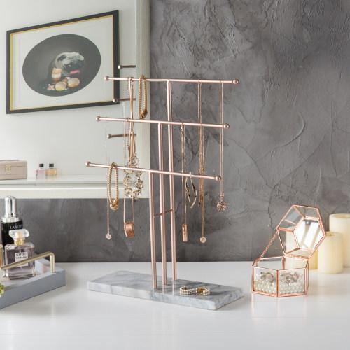 3-Tier Rose Gold-Tone Metal Necklace Display Stand with Stone Base - MyGift
