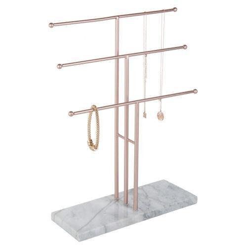 3-Tier Rose Gold-Tone Metal Necklace Display Stand with Stone Base - MyGift