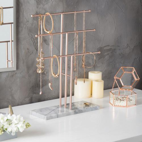 3-Tier Rose Gold-Tone Metal Necklace Display Stand with Stone Base - MyGift