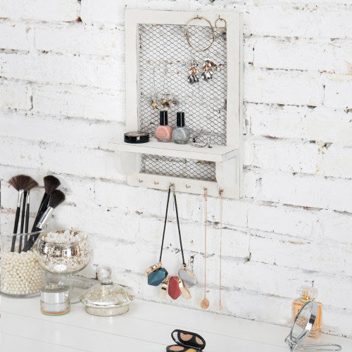 Vintage White Wood & Mesh Jewelry Display Shelf-MyGift