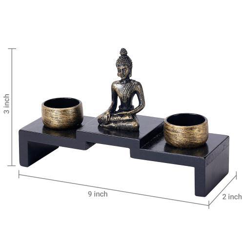 Mini Buddha Statue w/ Wood Base and 2 Tealight Holders - MyGift