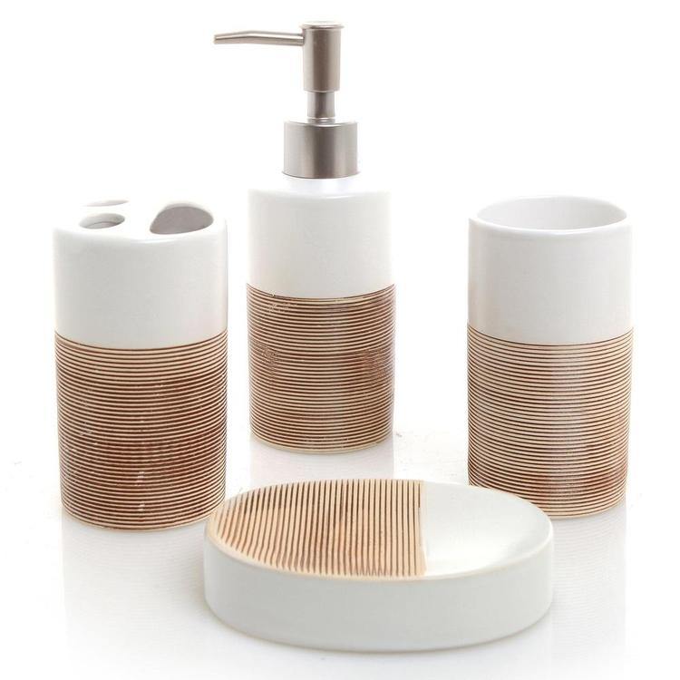 4 Pc White & Beige Ceramic Bath Set - MyGift