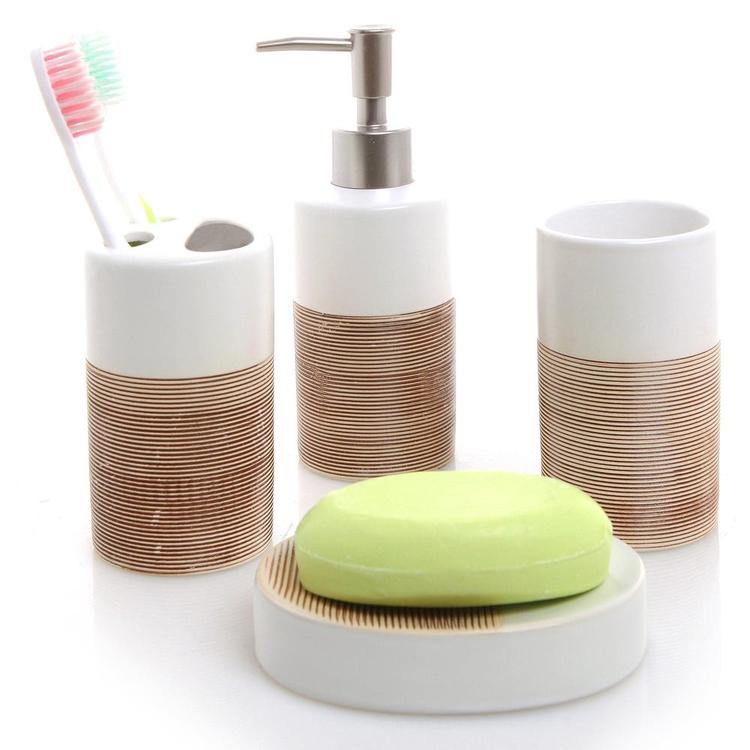 4 Pc White & Beige Ceramic Bath Set - MyGift