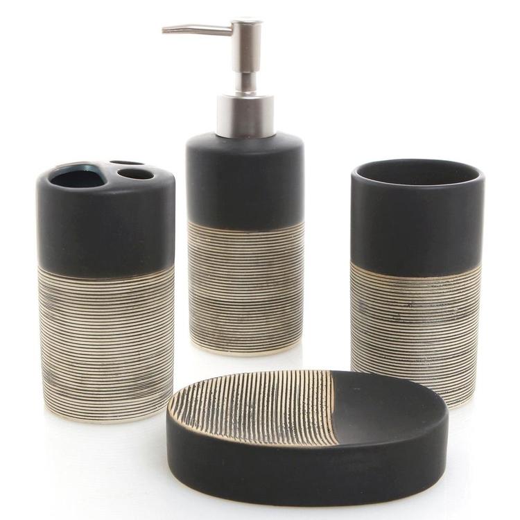 Deluxe 4 Piece Black & Gray Ceramic Bath Set w/ Soap Dispenser, Toothbrush Holder, Tumbler & Soap Dish - MyGift Enterprise LLC