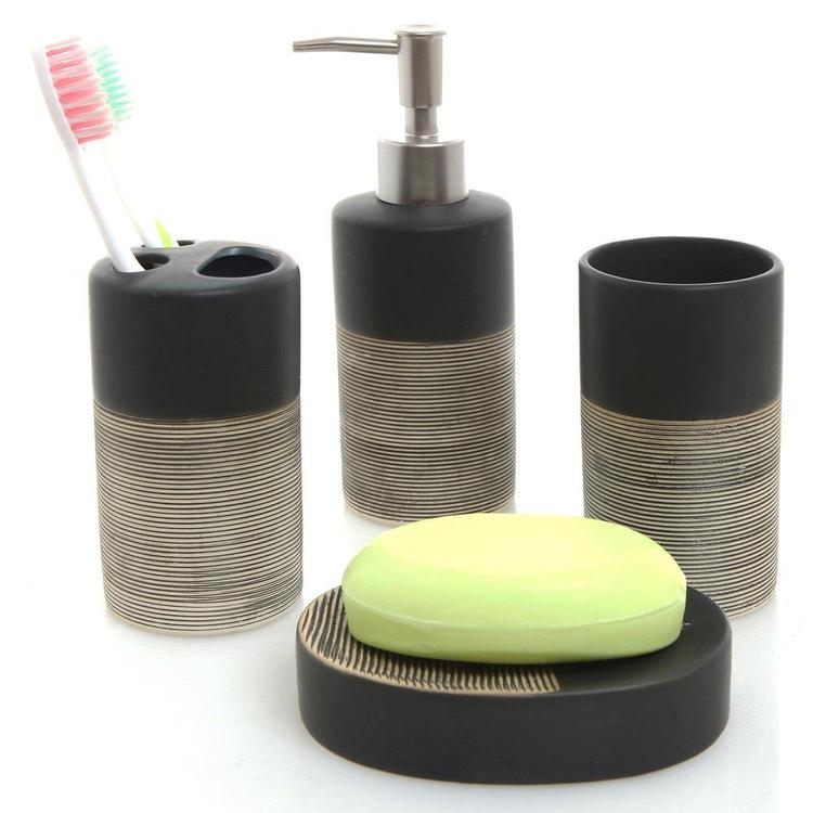 Deluxe 4 Piece Black & Gray Ceramic Bath Set w/ Soap Dispenser, Toothbrush Holder, Tumbler & Soap Dish - MyGift Enterprise LLC