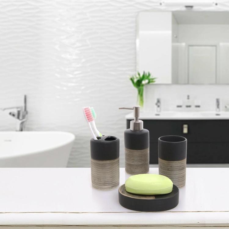 Deluxe 4 Piece Black & Gray Ceramic Bath Set w/ Soap Dispenser, Toothbrush Holder, Tumbler & Soap Dish - MyGift Enterprise LLC