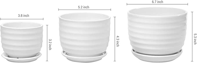 Ribbed White Ceramic Indoor Plant Pots with Drainage Hole and Attached Saucers, Small Succulent Planter, Set of 3-MyGift