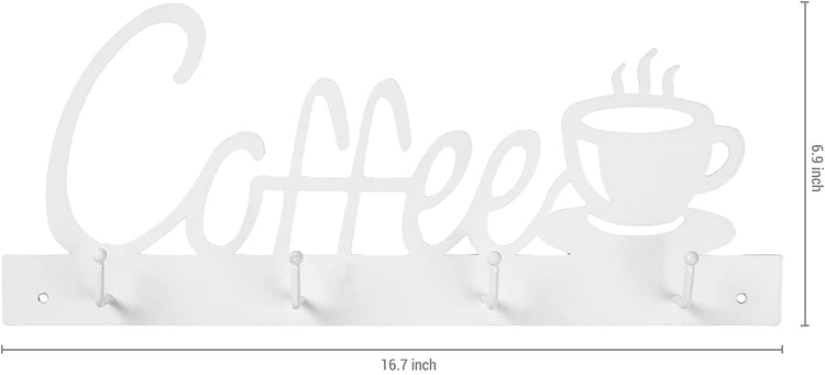 4-Hook White Metal Coffee Cup Wall Mounted Sign and Café Mug Storage Rack-MyGift