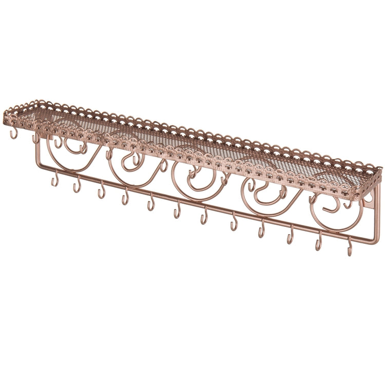 Rose Gold Metal Jewelry Rack with 25 Hooks, Wall Mounted Scrollwork Cosmetics Shelf-MyGift
