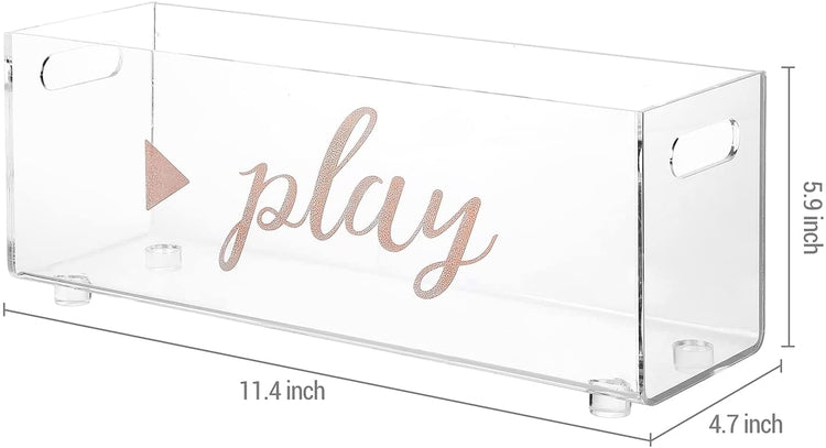 Clear Acrylic VHS Tape Storage Bin, Video Cassette Holder Organizer with Decorative Cursive Rose Gold PLAY Label Print-MyGift