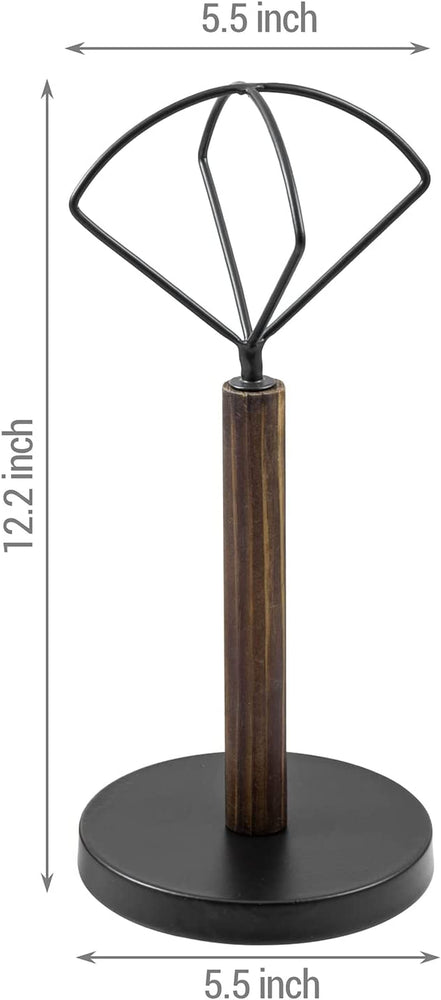 Set of 2, Burnt Wood and Geometric Black Metal Wire Hat Stand, Tabletop Wig Holder Retail Display Vanity Storage Rack-MyGift