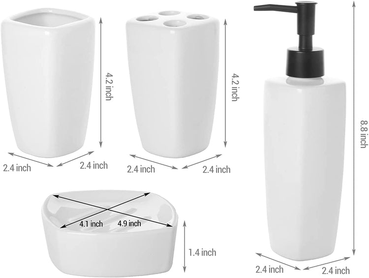 White Ceramic Square Bathroom Accessory Set with Black Accent Pump Dispenser, Toothbrush Holder, Tumbler, Soap Dish-MyGift
