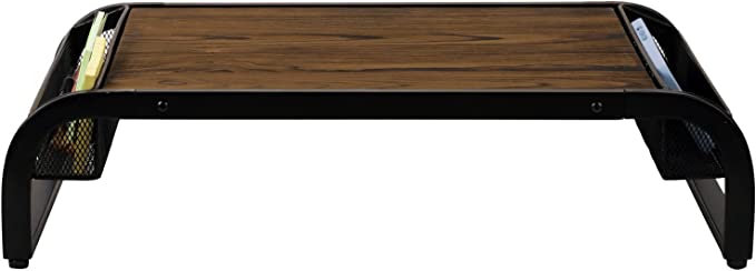 Burnt Brown Wood and Black Metal Computer Monitor Riser with Mesh Storage Baskets for Office Supplies-MyGift